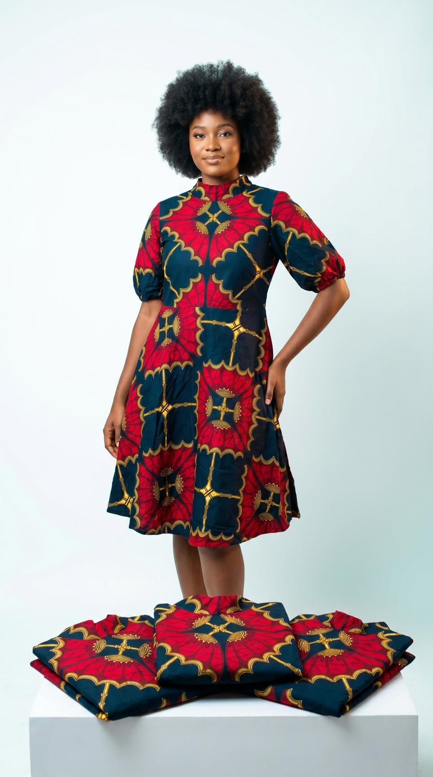 Red Ankara Midi Dress with Head Wrap, African Print Fit & Flare