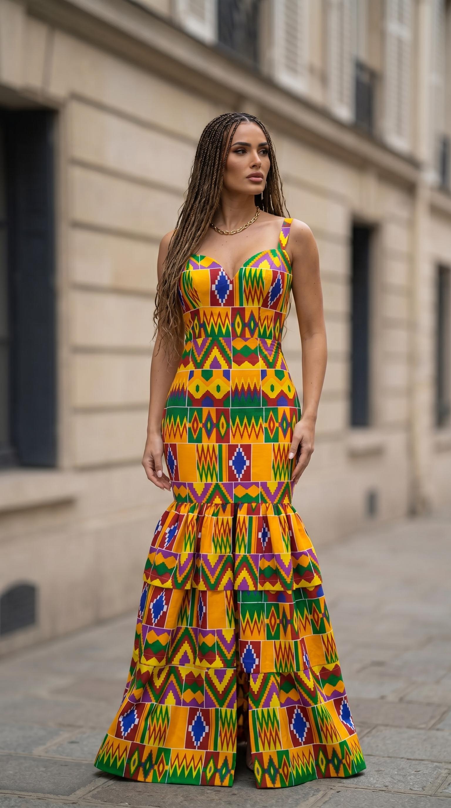 kente maxi dress Mustard Yellow Plus Size African Kente Print Spaghetti Strap Party Dress