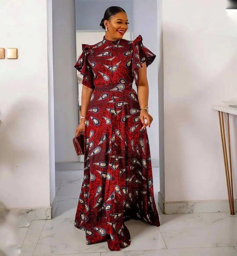 Burgundy African Ankara Print Plus Size Maxi Shirt Dress – Africanclothinghub