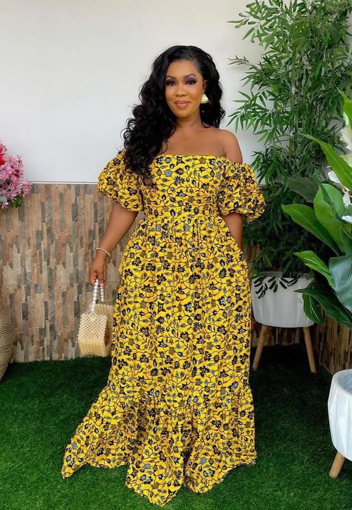 african print off the shoulder dress Yellow African Ankara Maxi Dress With Off Shoulder and Bulb Sleeve – Africanclothinghub