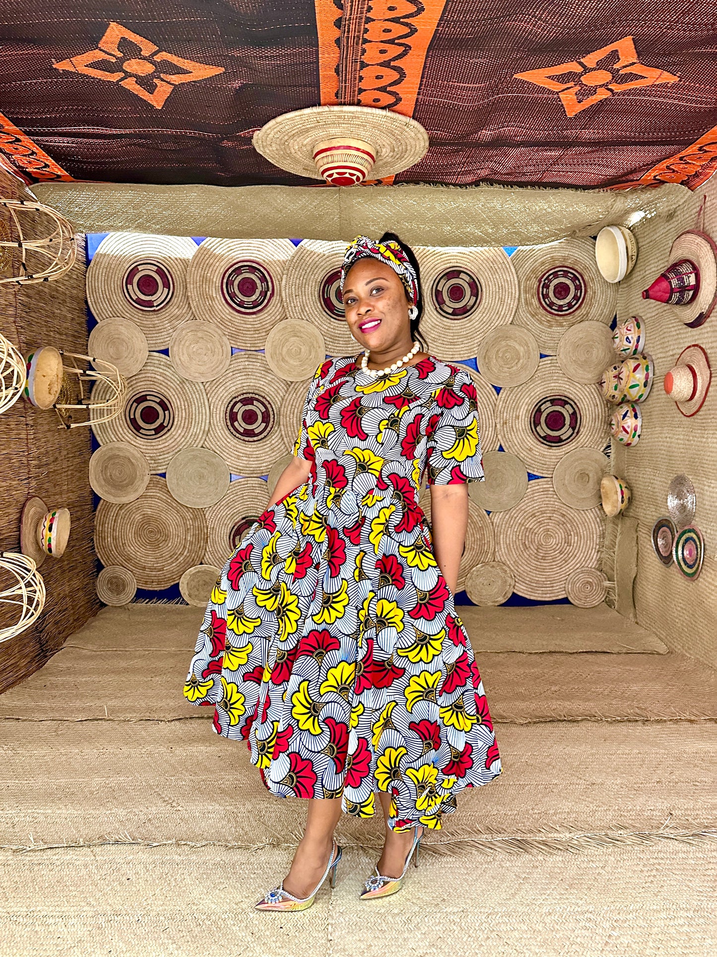 African Ankara White Short Sleeve Fit & Flare Midi Dress Style For Ladies