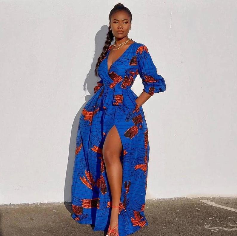 Blue African Ankara Print High Slit Maxi Dress With Wrap Top Africanclothinghub