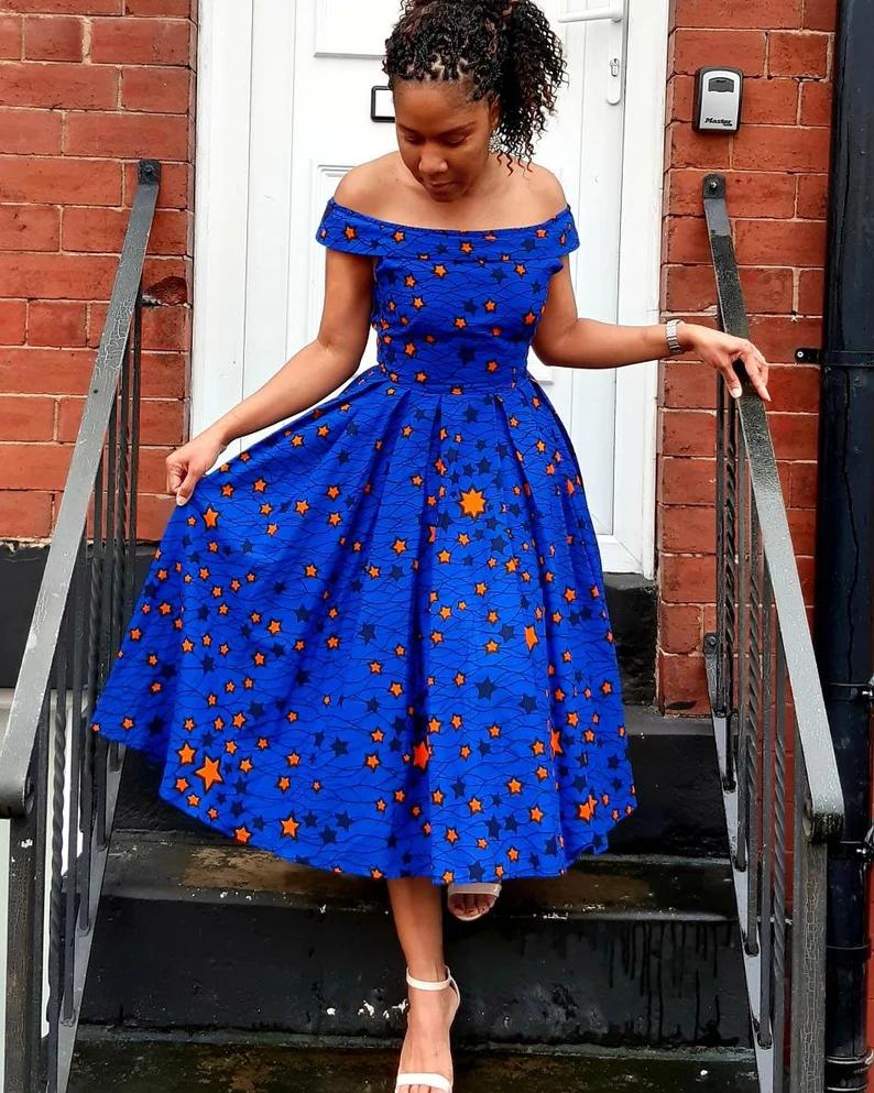 Blue African Ankara Print Plus Size Midi Skater Dress Africanclothinghub Blue African Ankara Print Plus Size Midi Skater Dress Africanclothinghub