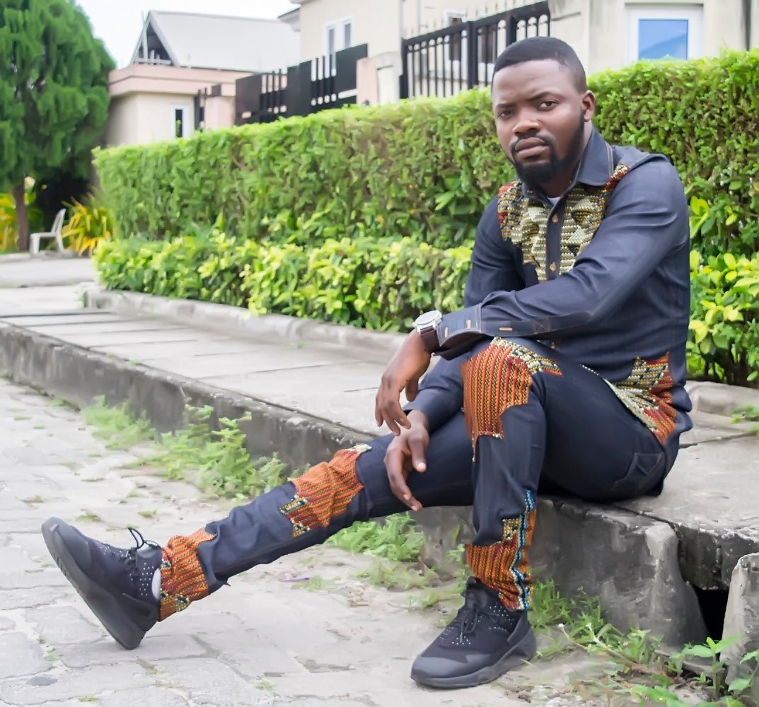 Blue Brown African Ankara Print Men Denim Jacket Set - Africanclothinghub UK, US, Canada
