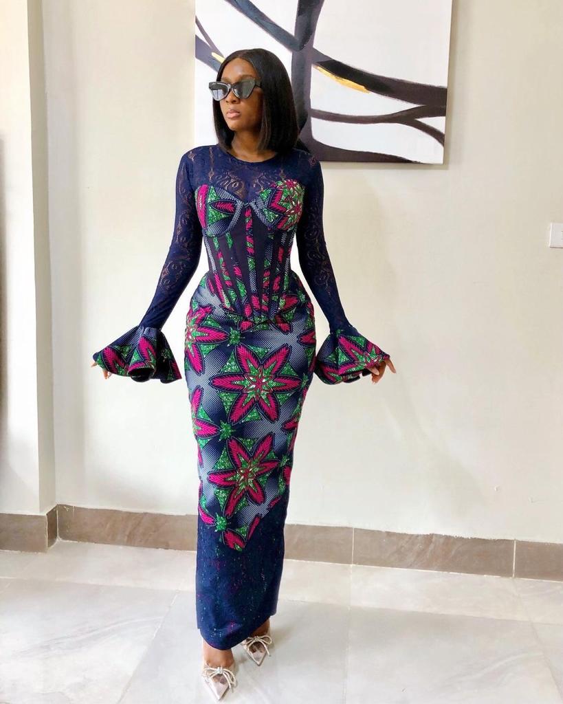 Blue Pink African Ankara Print Plus Size Corset Dress with Long Sleeve Blue Pink African Ankara Print Plus Size Corset Dress with Long Sleeve
