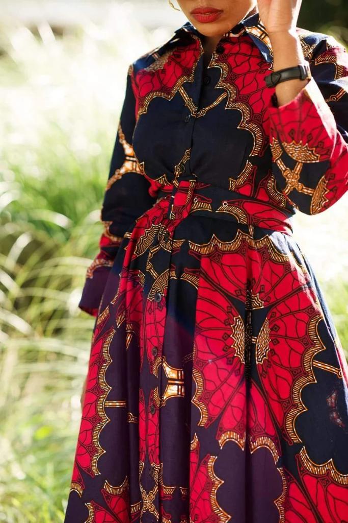 Blue Red African Ankara Print Midi Shirt Dress Africanclothinghub Blue Red African Ankara Print Midi Shirt Dress Africanclothinghub