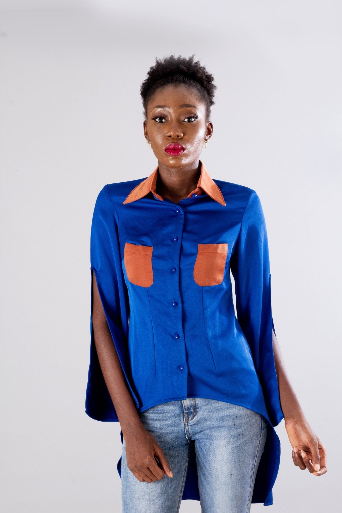 Blue Tan High Low Fitted Statement Party Shirt Top - Africanclothinghub UK, US, Canada