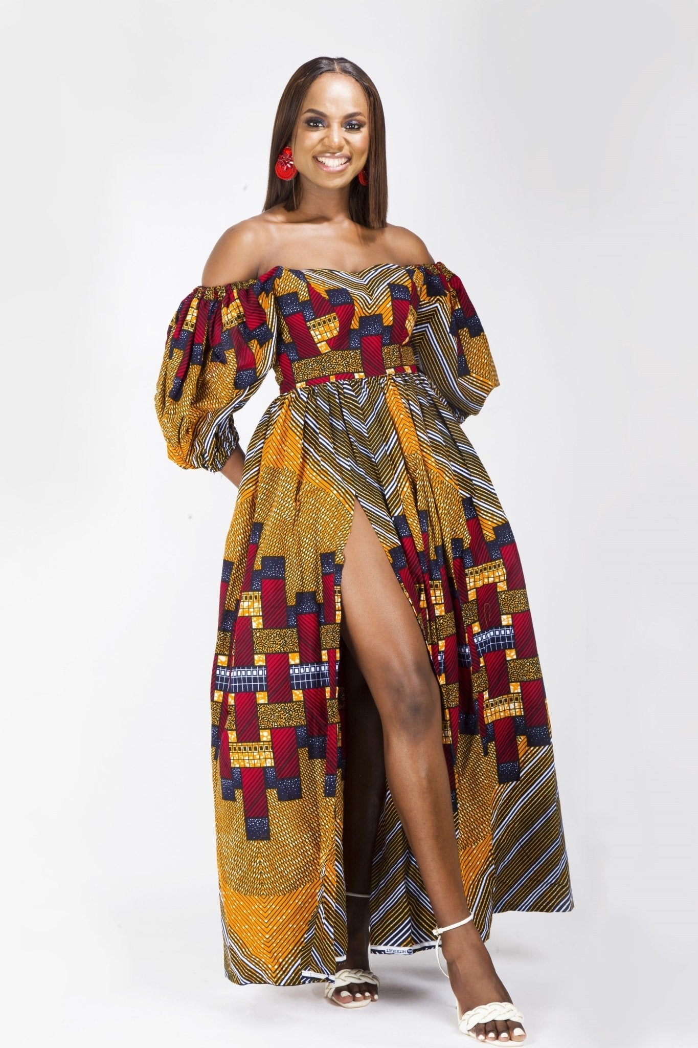 Tan Blue Multi African Ankara Print Plus Size Clothing Party Maxi