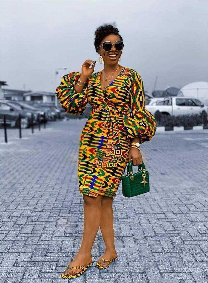 Mustard Yellow Plus Size African Kente Print Wrap Party Dress Africanclothinghub Mustard Yellow Plus Size African Kente Print Wrap Party Dress Africanclothinghub