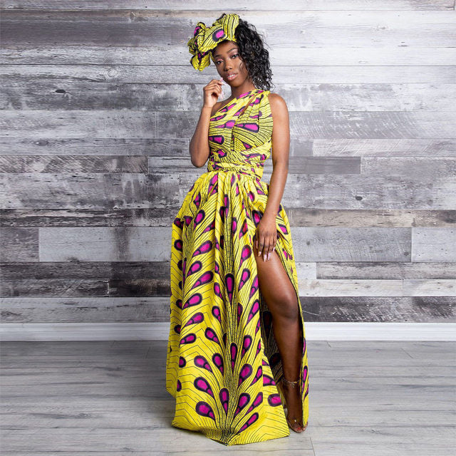 Yellow Purple Plus Size African Ankara Print Long Maxi Party Dress