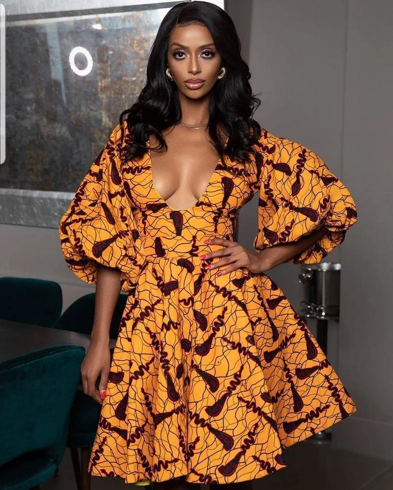 ROBE COURTE DE FÊTE AJUSTÉE JAUNE MULTI PLUS TAILLES AFRICAINE