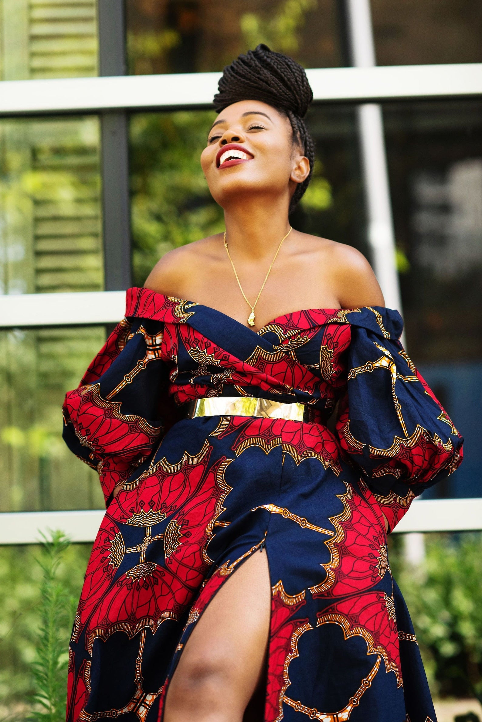 Red African Ankara Fitted Off Shoulder Maxi Dress Red African Ankara Fitted Off Shoulder Maxi Dress