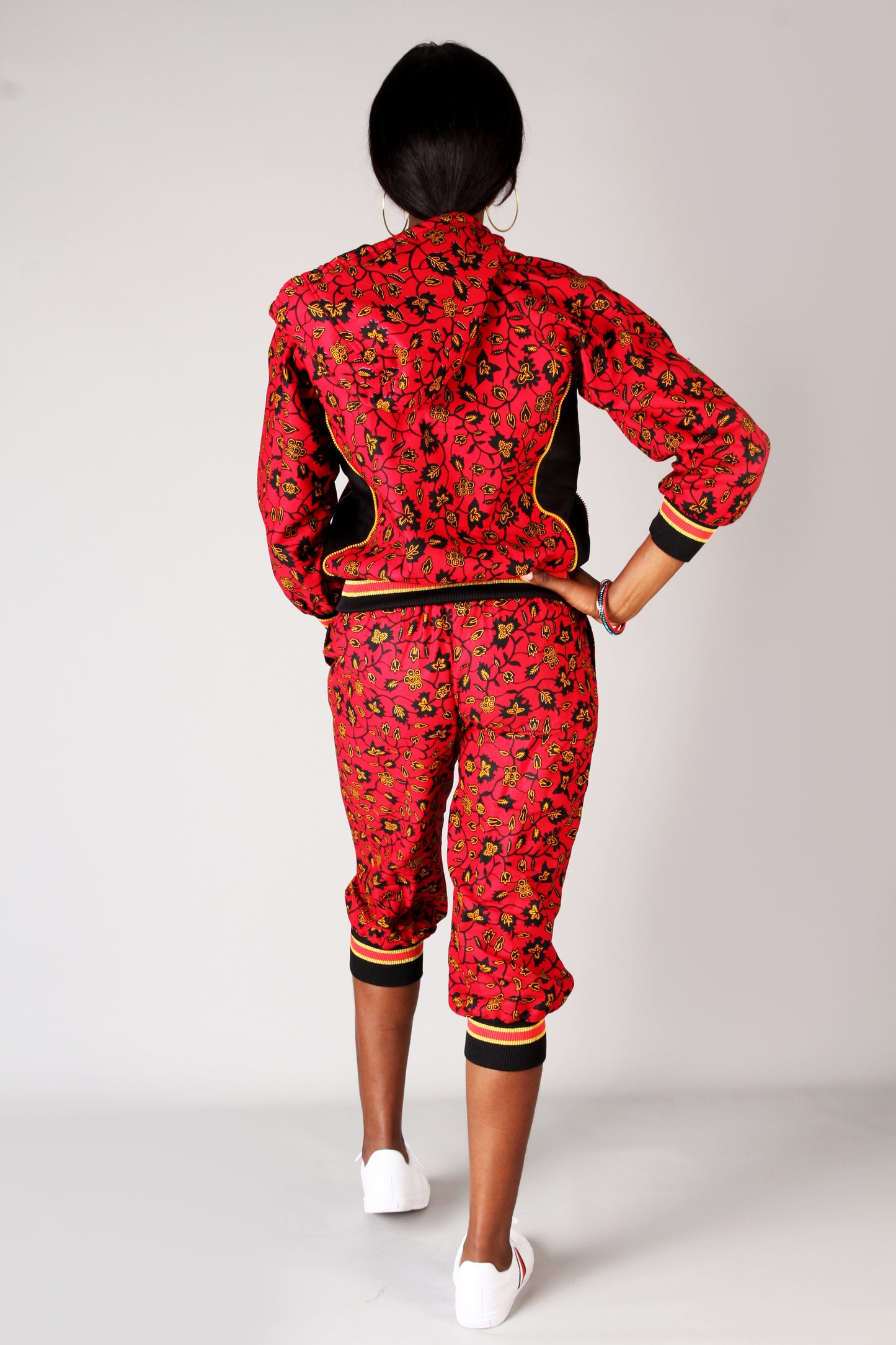 Red Black Multi African Ankara Print Plus Size Bomber hoodie Set With Joggers