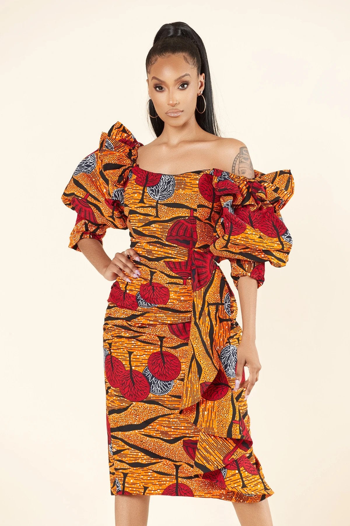 fitted african print dresses Amma African Print Midi Dress - African Clothing in USA | MYTRIBENG L / LONG