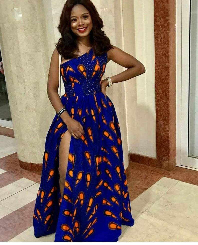 Royal Blue Orange African Ankara Print Plus Size Clothing Party Maxi Dress Royal Blue Orange African Ankara Print Plus Size Clothing Party Maxi Dress