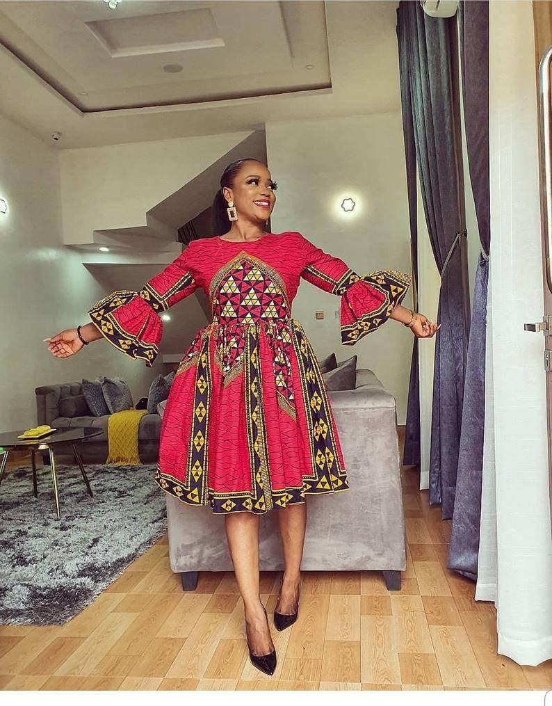 Red Gold African Ankara Print Short Skater Party Dress Red Gold African Ankara Print Short Skater Party Dress