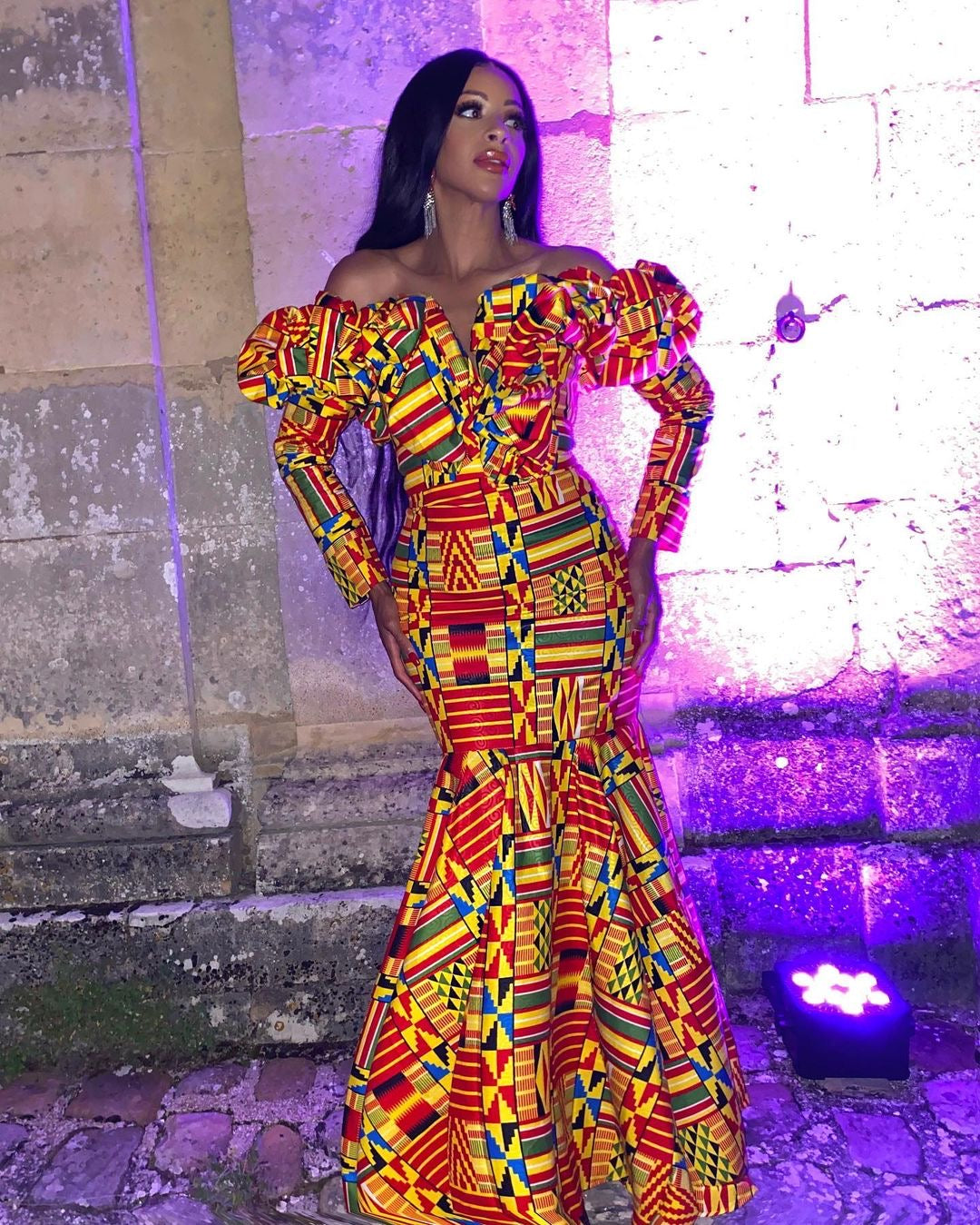 Orange Fitted African Kente Maxi Dress For Wedding Party Orange Fitted African Kente Maxi Dress For Wedding Party