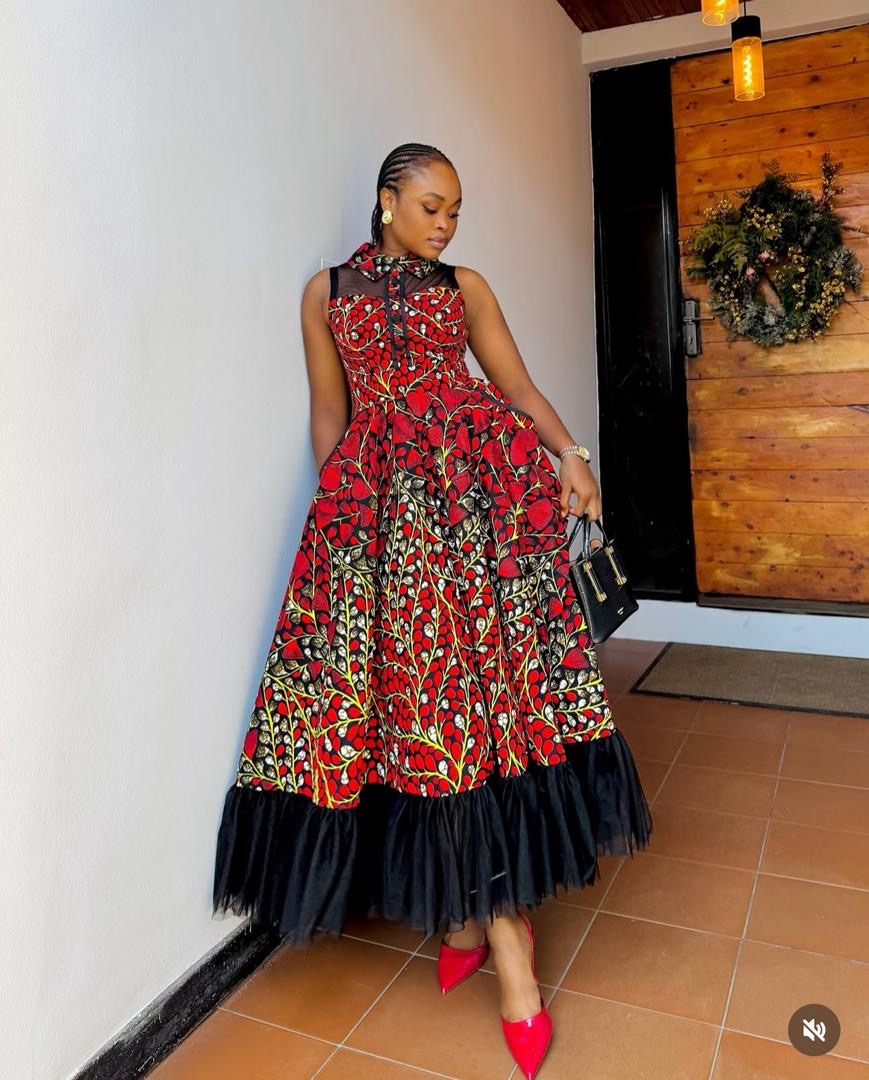 Red African Ankara Fit & Flare Midi Party Dress Style For Ladies