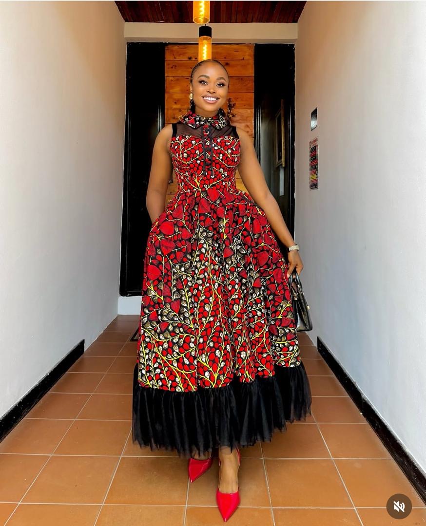 Red African Ankara Fit & Flare Midi Party Dress Style For Ladies