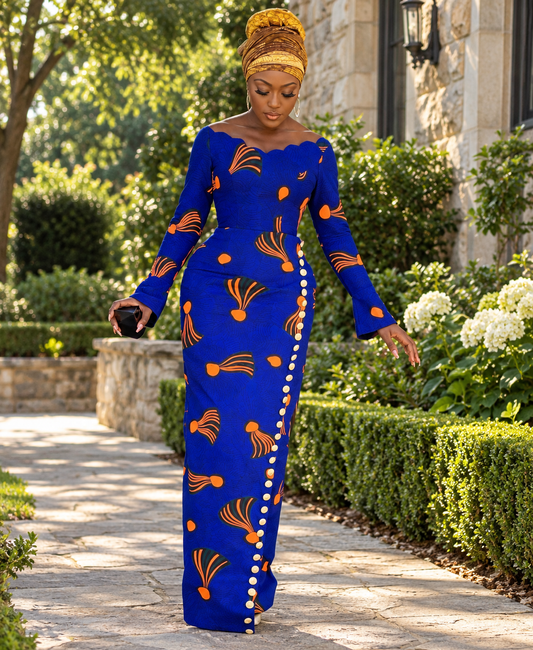 Blue African Ankara Print Long Sleeve Fitted Party Dress