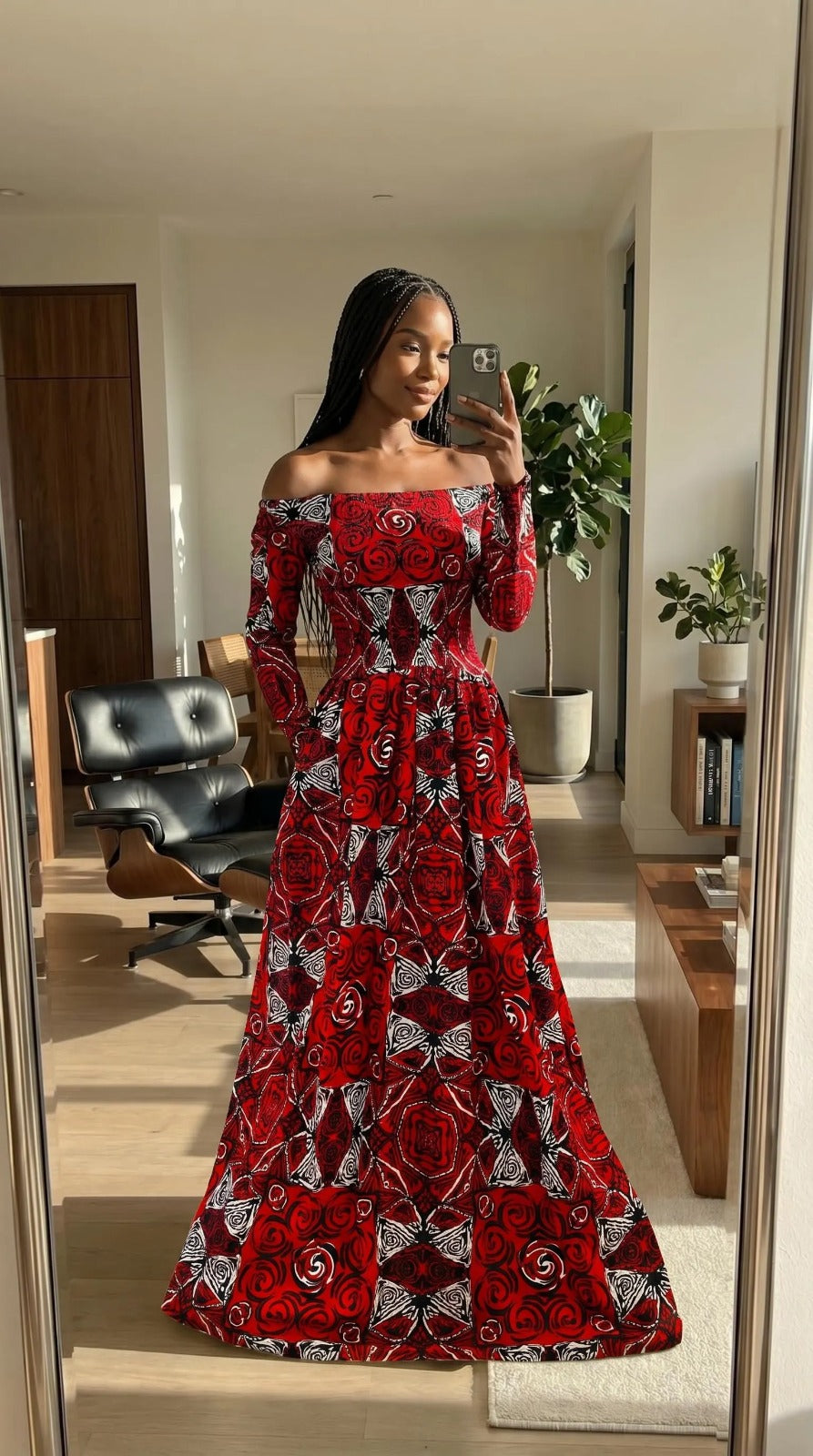 Red African Ankara Maxi Dress with free headwrap