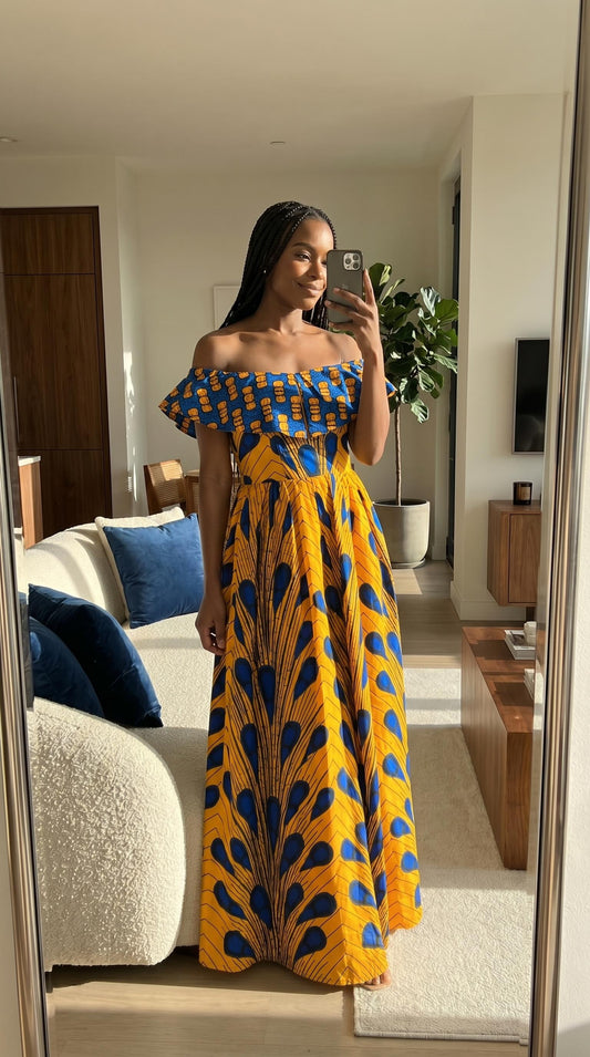 Yellow African Ankara Print Fit and Flare Off Shoulder Maxi Dress For Women
