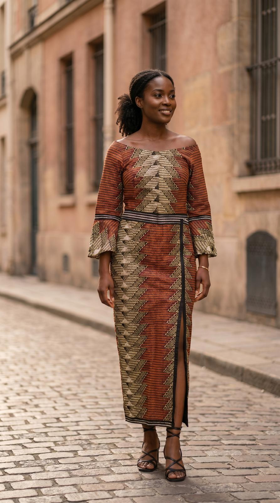Brown African Ankara maxi Dress, African print dress with free Headwrap
