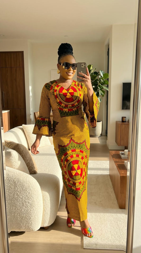 Brown African Ankara Print Fitted Pencil Dress With Long Sleeve