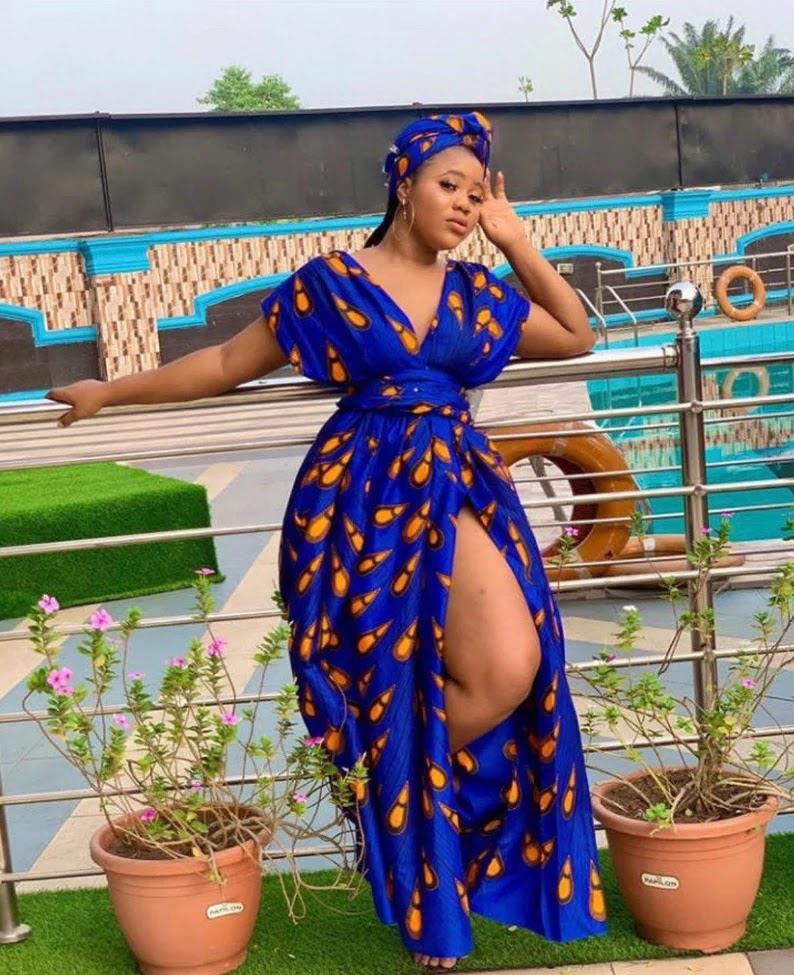 Blue Ankara Fit & Flare African Dress with Headwrap
