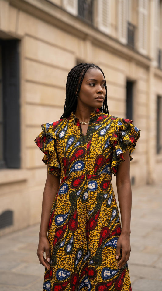African yellow Ankara Maxi Dress, African print dress with free Headwrap
