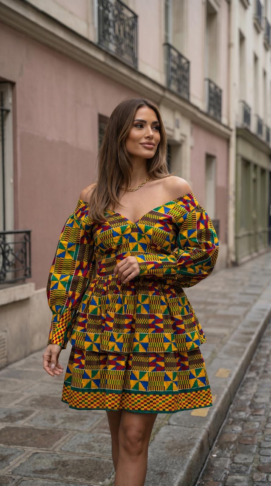 Plus Size Ankara Mini Dress with Headwrap, African Print Cotton Gown