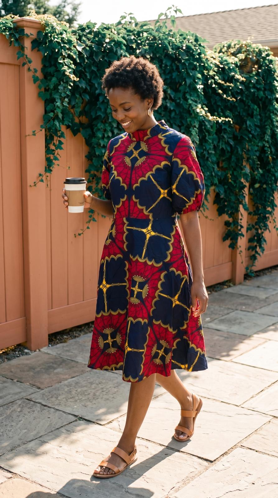 Red Ankara Midi Dress with Head Wrap, African Print Fit & Flare