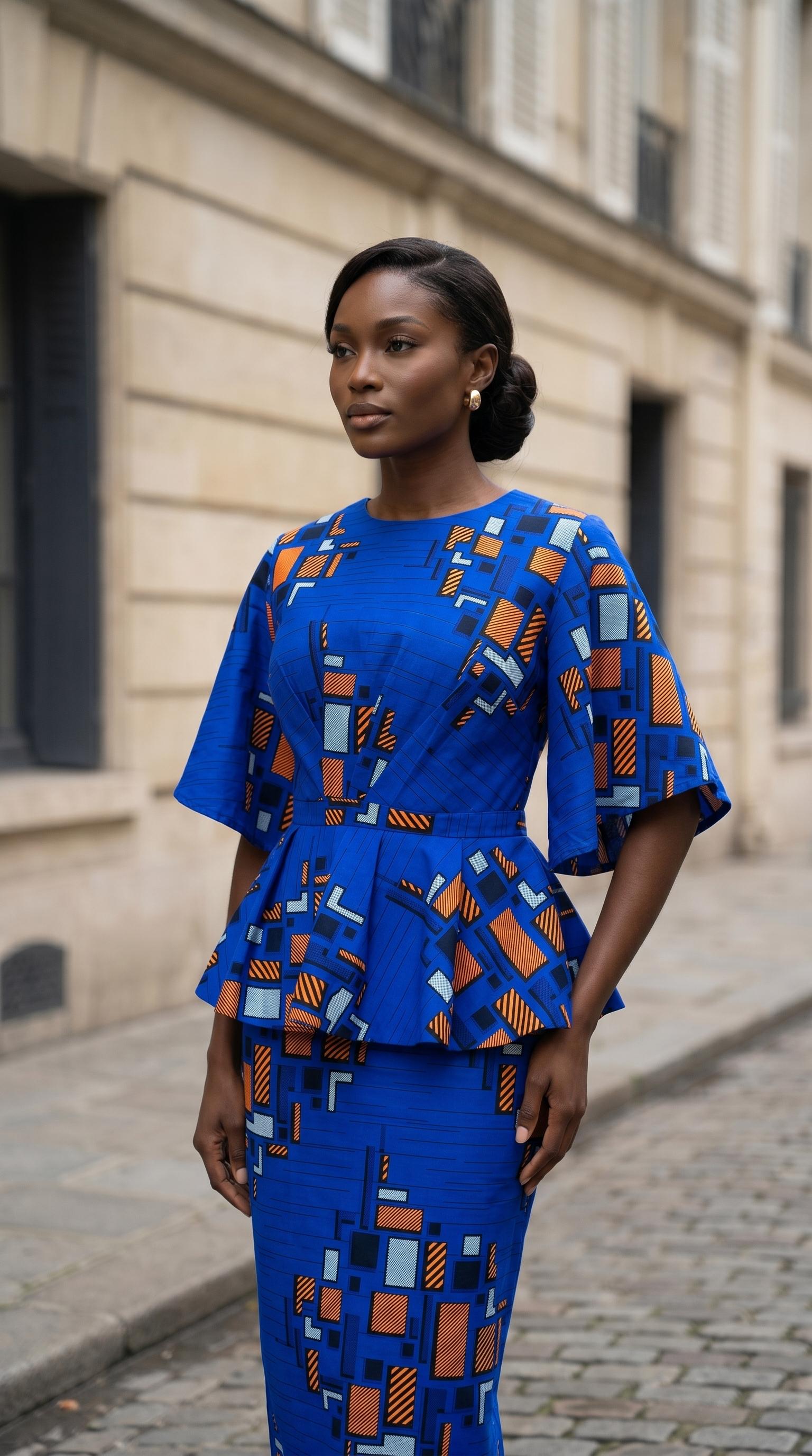 Blue African Ankara Print Pencil Dress With Peplum For Wedding Guest – Africanclothinghub