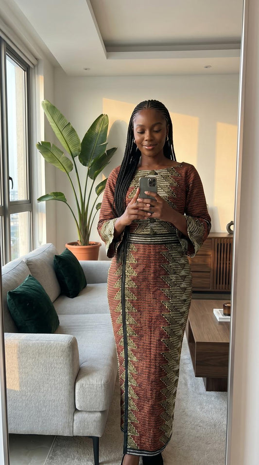 Brown African Ankara Off-Shoulder Stylist Fitted Pencil Dress With Bulb Sleeve