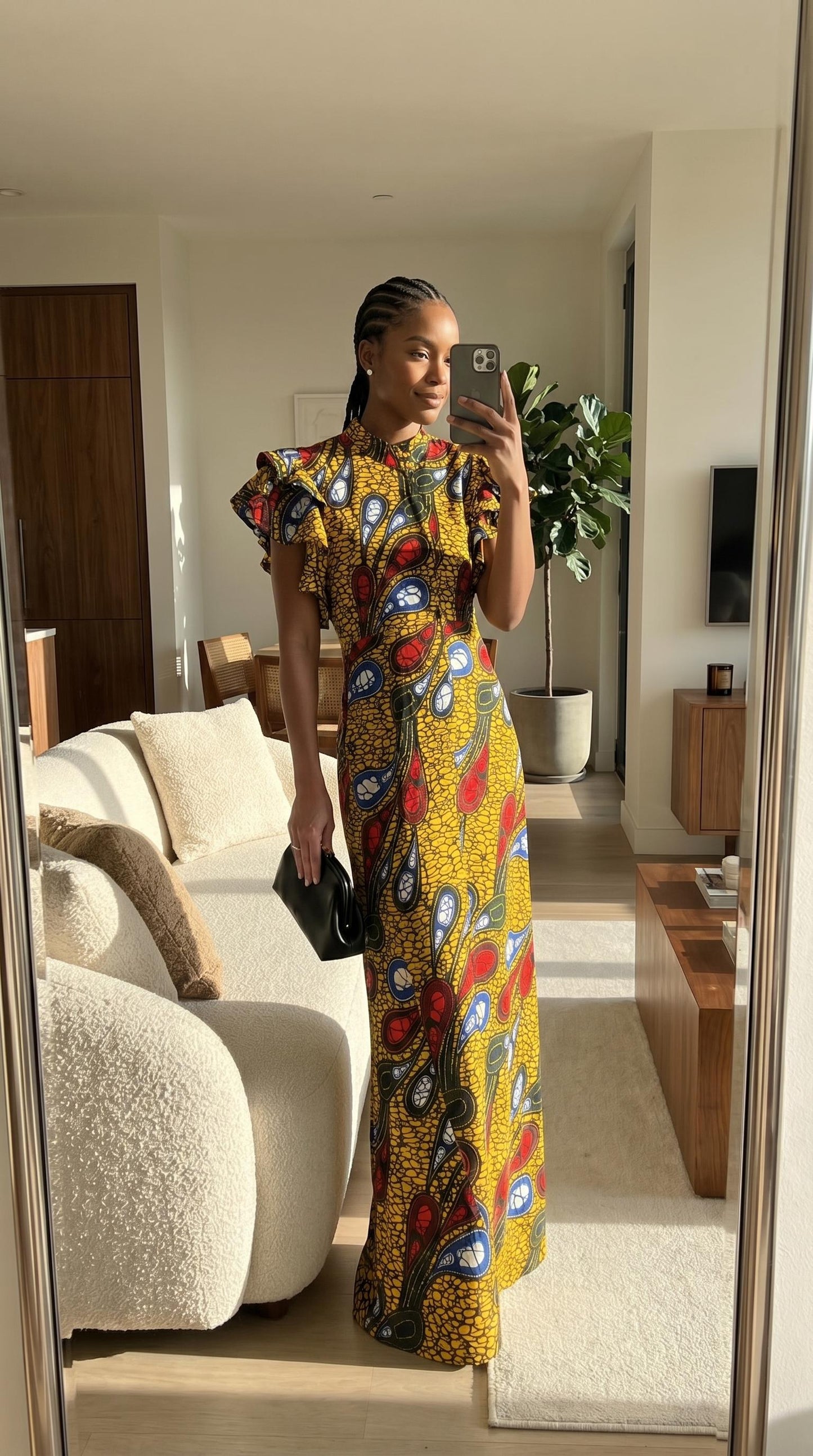 African yellow Ankara Maxi Dress, African print dress with free Headwrap