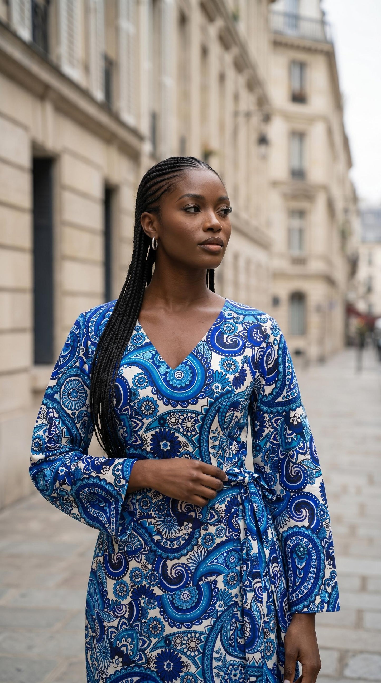 Blue Ankara Dress with Head Wrap, African Print Midi Dress