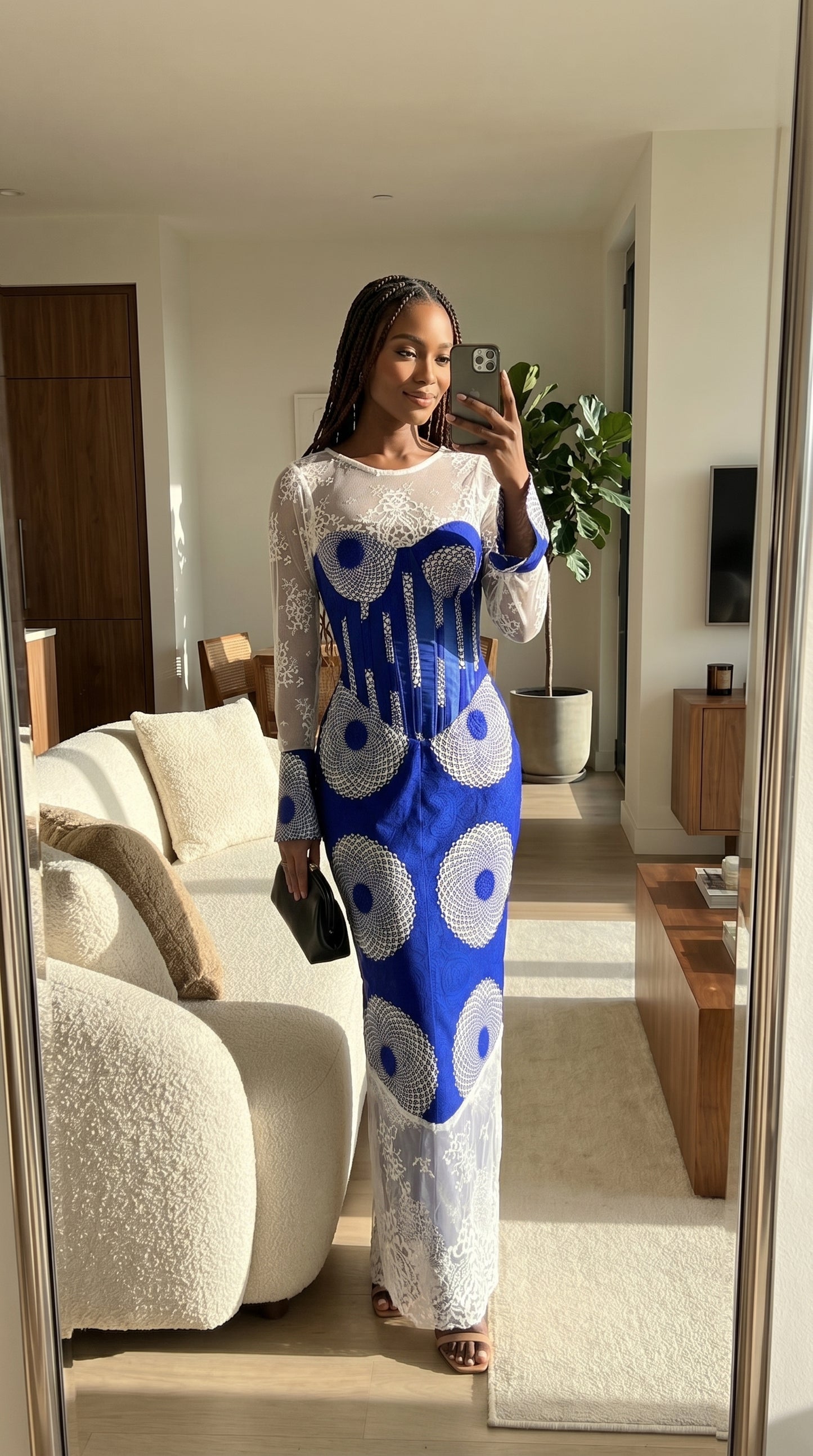 Blue White African Ankara Print Plus Size Corset Dress with Long Sleeve