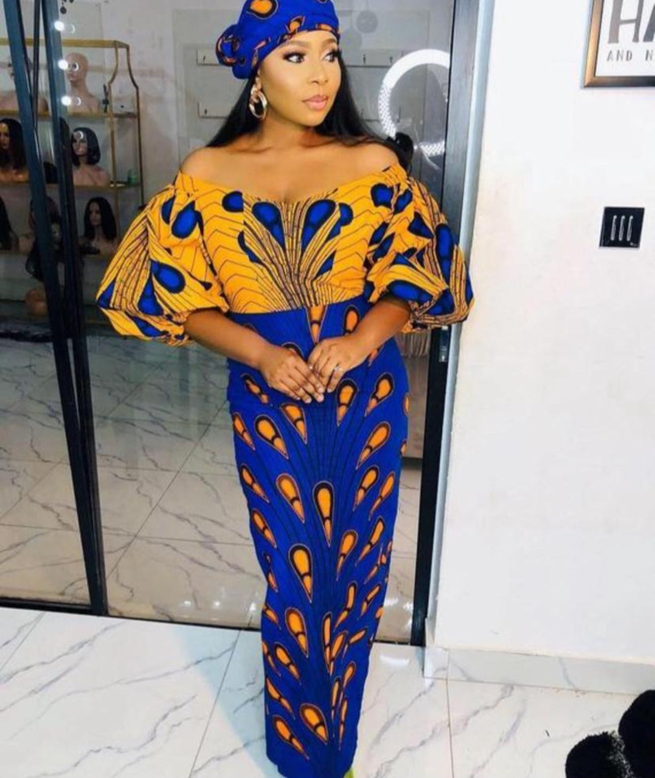 VESTIDO MAXI DE FIESTA CON ESTAMPADO ANKARA AFRICANO NARANJA REAL AZUL REAL