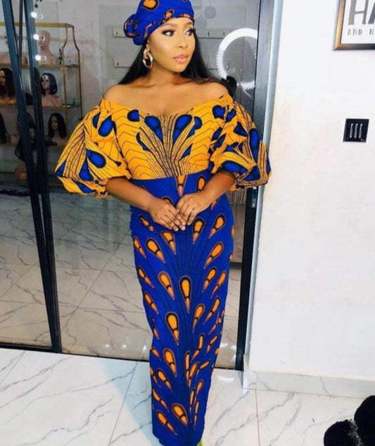 VESTIDO MAXI DE FIESTA CON ESTAMPADO ANKARA AFRICANO NARANJA REAL AZUL REAL