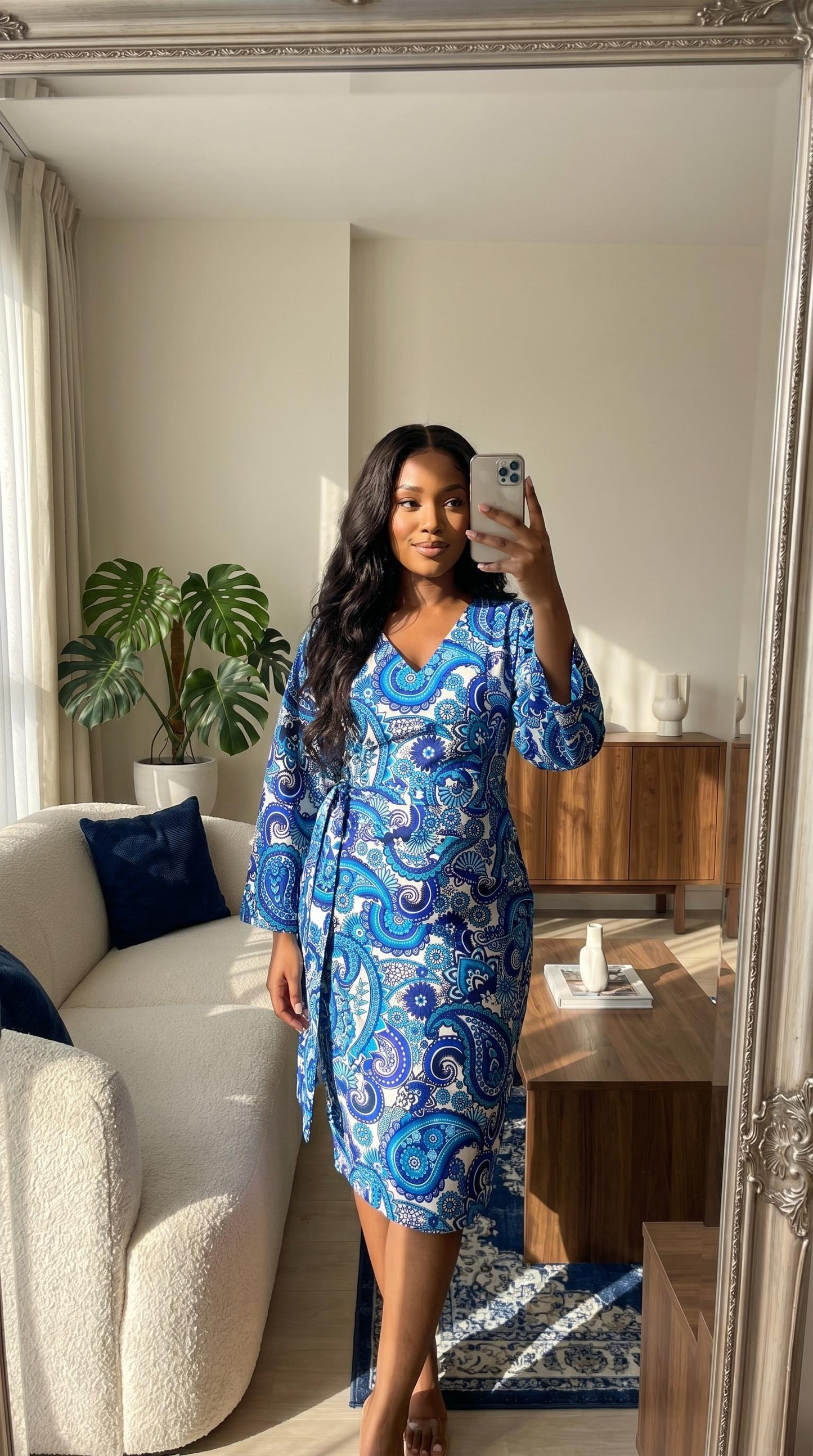 Blue Ankara Dress with Head Wrap, African Print Midi Dress