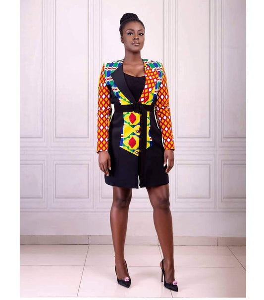 Black Yellow Plus Size African Kente Print Fitted Party Jacket Dress - Africanclothinghub UK, US, Canada