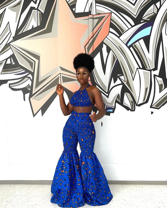 Blue African Ankara Plus Size Two Piece Crop Top and bell trouser For Ladies With Free Headwrap - Africanclothinghub UK, US, Canada