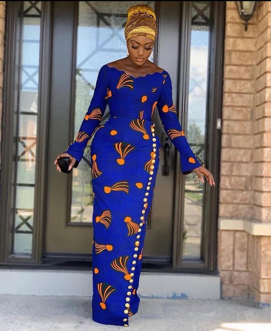 Blue African Ankara Print Long Sleeve Fitted Party Dress - Africanclothinghub UK, US, Canada