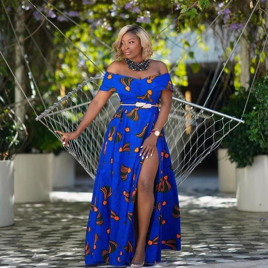 Blue African Ankara Print Off Shoulder Long Maxi Dress - Africanclothinghub UK, US, Canada