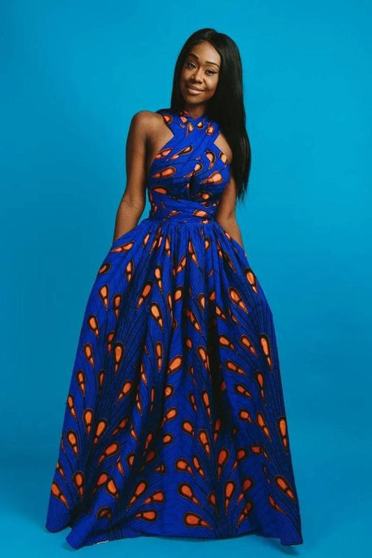 Blue African Ankara Print Pattered Long Infinity Dress - Africanclothinghub UK, US, Canada