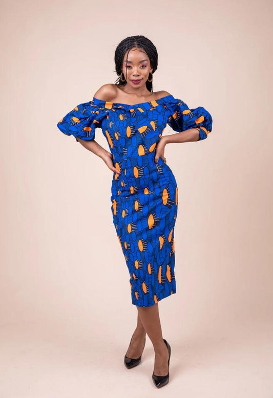 Blue African Ankara Print Plus Size Clothing Midi Party Dress - Africanclothinghub UK, US, Canada