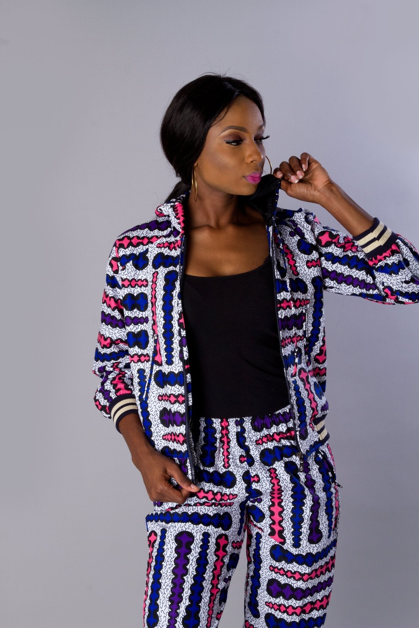 Blue Asymmetric print African Ankara Print Plus Size Bomber Jacket Set Hoodie/African Print jogger set/Ankara Print Two - Print clothing - Africanclothinghub UK, US, Canada