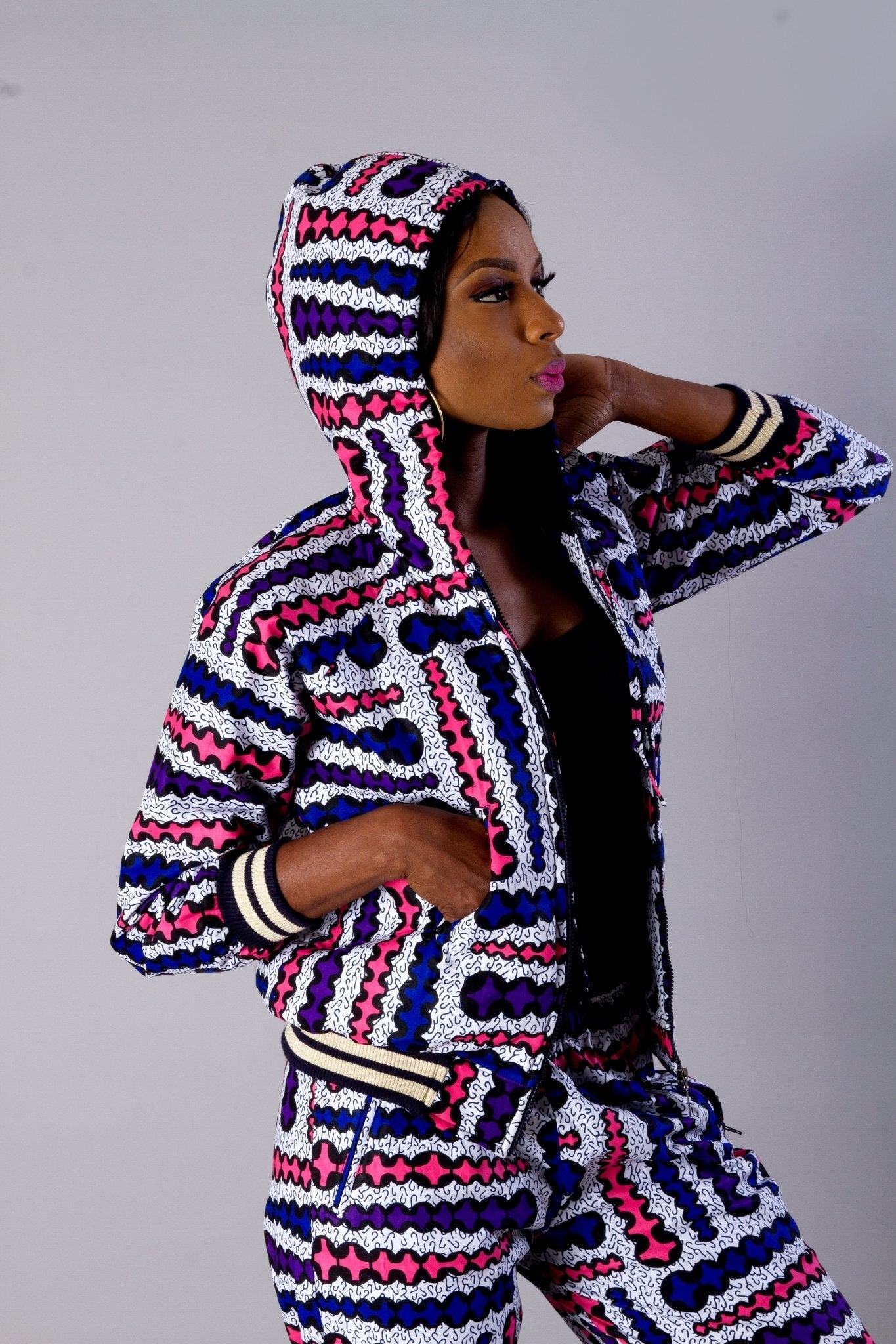 Blue Asymmetric print African Ankara Print Plus Size Bomber Jacket Set Hoodie/African Print jogger set/Ankara Print Two - Print clothing - Africanclothinghub UK, US, Canada