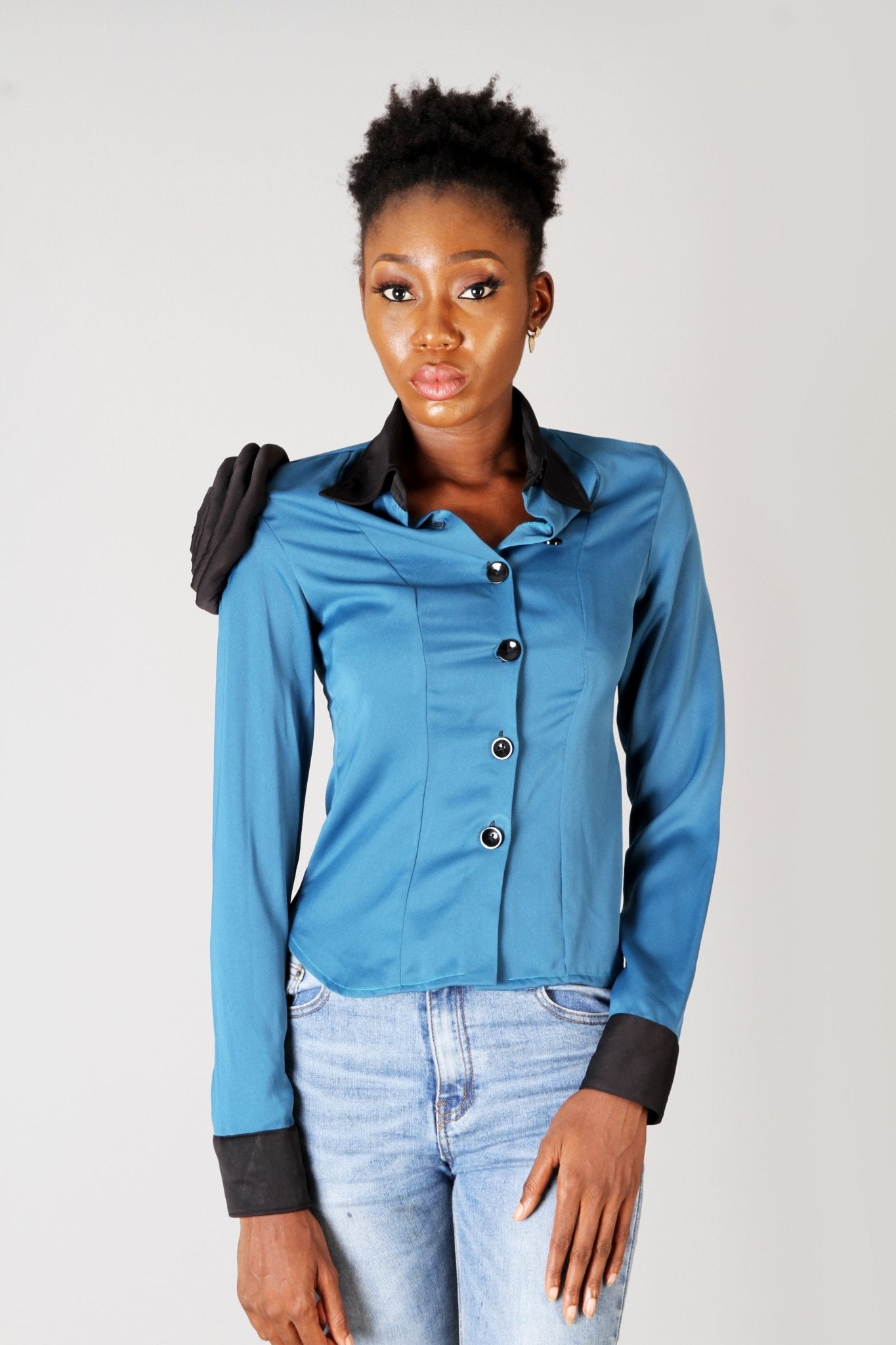 Blue Black Rose Long Sleeve Fitted Statement Shirt Top - Africanclothinghub UK, US, Canada