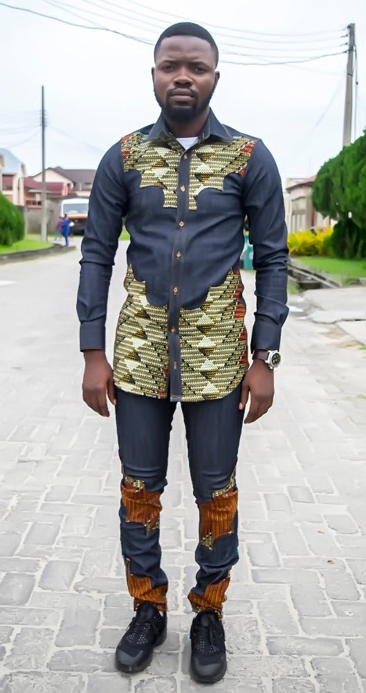 Blue Brown African Ankara Print Men Denim Jacket Set - Africanclothinghub UK, US, Canada